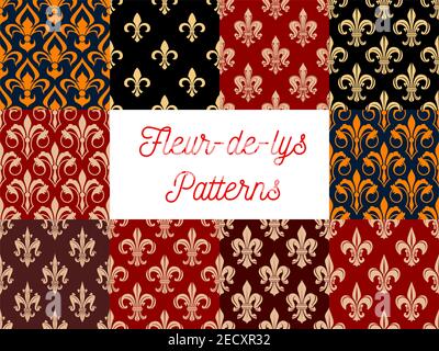 Vintage fleur-de-lis seamless patterns with set of floral ornaments with french royal lily flowers and leaf scroll. Wallpaper and interior accessories Stock Vector