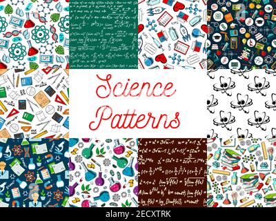 Science seamless patterns. Vector pattern of atom, formula, microscope, telescope, dna, chemicals, substance, gene molecule globe proton magnet calcul Stock Vector