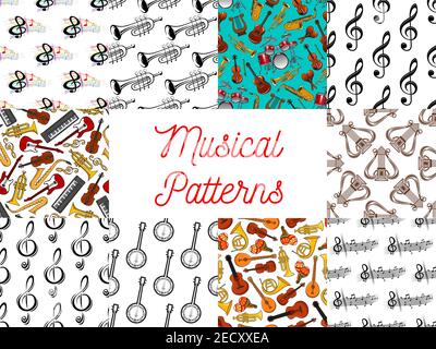 Music seamless patterns set with musical notes, string, wind, percussion and keyboard musical instruments, treble clef and symbols of music notation Stock Vector