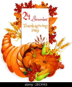 Thanksgiving Day cornucopia design for celebration greeting and invitation card, banner for thanksgiving traditional family dinner. Cornucopia harvest Stock Vector