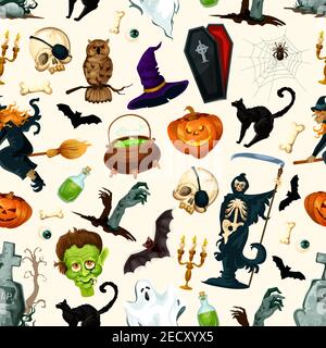 Halloween pattern. Vector seamless pattern of halloween pumpkin candle lantern, witch broom and hat, potion cauldron, zombie grave stone, haunted cast Stock Vector