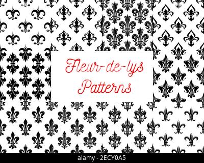 Fleur-de-lys royal french lily seamless patterns. Vector pattern of black heraldic fleur-de-lis symbols on white background Stock Vector
