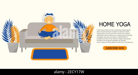 Concept of online lessons, yoga studio. Sporty Granny does yoga on a sofa. Old person. Exersice for better health. Grandma, grandmother character for Stock Vector