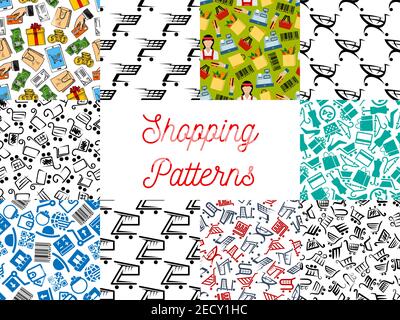 Shopping seamless pattern. Vector pattern of shopping basket, cash box, dollar banknotes, smartphone, money purse, credit card, gift, store, shopping Stock Vector