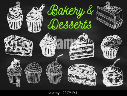 Bakery and desserts chalk sketch icons on blackboard. Isolated vector cupcake with strawberry, chocolate cake with blueberry, creamy muffin, tart with Stock Vector