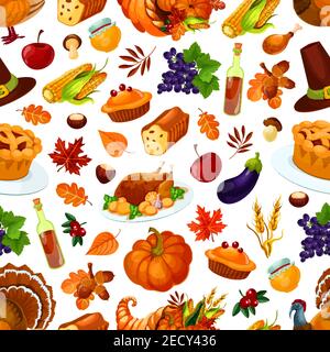 Thanksgiving day pattern of pumpkin, roasted turkey, autumn harvest, cornucopia food abundance, sweet traditional thanksgiving pie, autumn foliage of Stock Vector