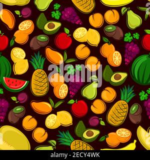 Fruits seamless pattern background. Vector pattern of fresh, tropical and exotic fruit watermelon, grape, pineapple, apricot, mango, avocado, pear, ap Stock Vector