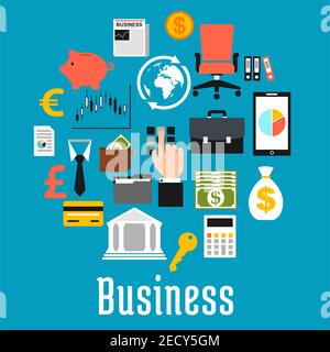Business, finance and office flat symbols in a shape of a round with money, bank, credit card, dollar, euro and pound currency signs, calculator, pigg Stock Vector