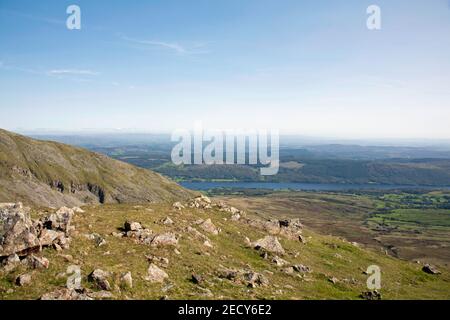 Coniston Water and the Grizedale Forest viewed from the summit of Dow Crag Coniston the Lake District  Cumbria England Stock Photo