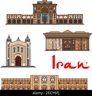 Iran famous architecture vector detailed icons of Ali Qapu Palace, Saint Sarkis Cathedral, Chehel Sotoun, Si-o-seh pol bridge. Historic buildings, lan Stock Vector