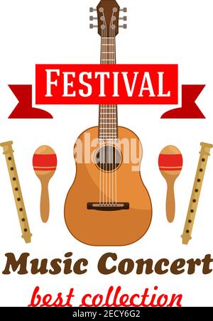 Music concert or festival badge with acoustic guitar, flanked by maracas and wooden flutes with red ribbon banner on the top. Cartoon style Stock Vector