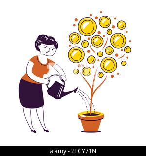 Money tree watering can. Finance, business concept vector illustration Stock Vector
