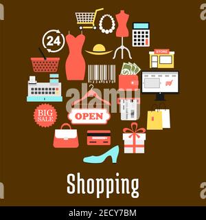 Shopping and retail commerce round badge made up of sale tag, shopping basket and cart,gift box, paper bag, money, credit bank card, wallet, calculato Stock Vector