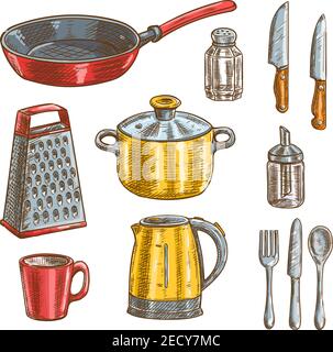 Kitchen and cooking utensils sketches of knife, spoon, fork, pot, frying pan, cup, grater, electric kettle, glass salt shaker and sugar dispenser Stock Vector