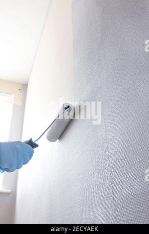 Man painting wall using a paint roller. Do it yourself concept Stock Photo