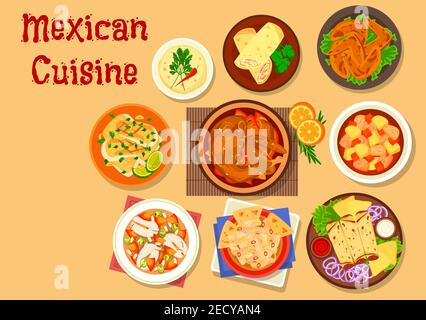 Mexican cuisine chicken burrito and duck tortilla rolls icon with vegetable beef stew estofado, chicken soup with tortillas, spicy chicken wings, fish Stock Vector