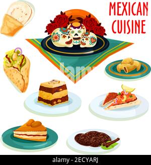 Mexican cuisine desserts and snacks isolated icons with burrito, tortilla, meat pie empanada, sugar skull candy, cinnamon cookie, marinated salmon on Stock Vector