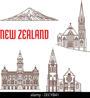 Travel landmarks of New Zealand linear icon with ChristChurch Cathedral, presbyterian Knox Church, Dunedin Town Hall, Mount Taranaki. Travel guide, va Stock Vector