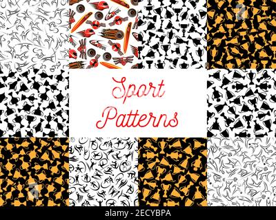 Sport seamless patterns with athletes of individual and team sports, racing car, trophy, motorsport helmet and winner cup. Sporting competition themes Stock Vector