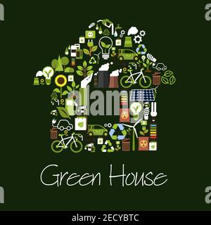 Eco green house symbol composed of saving energy light bulb, recycling sign, plant, tree, solar panel, wind turbine, electric car, biofuel, bicycle, b Stock Vector