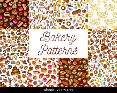 Bakery and pastry desserts seamless patterns set with chocolate and fruit cake, cupcake, croissant, donut, muffin, berry pie, cookie, candy, cheesecak Stock Vector