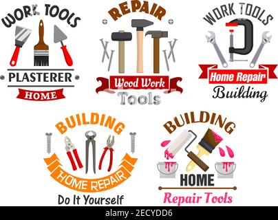 Building and repair tools badges set with hammer, pliers, trowel, spatula, adjustable wrench, paint brush and roller, clamp, framed by nails, fastener Stock Vector