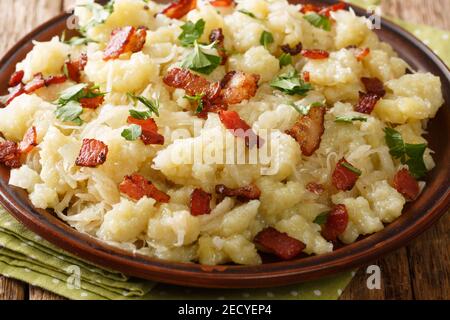 Cabbage Halusky Strapacky with bacon closeup in the plate on the table. horizontal Stock Photo