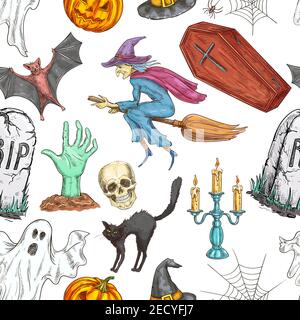 Halloween pattern. Vector seamless pattern of color sketch pumpkin lantern, coffin, witch on broom, skull, zombie hand, tomb, candle, spooky ghost, sp Stock Vector
