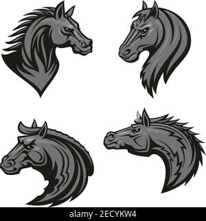 Horse head heraldic emblems set. Stylized stallion icons for sport club, team badge, label, tattoo. Mustang head with thorny prickly mane and bold loo Stock Vector