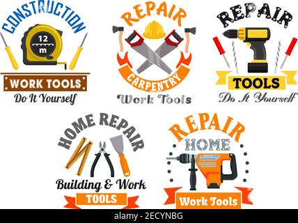 Working tool and equipment isolated symbols with drill, screwdriver, spatula, saw, axe, measuring tape, and pliers supplemented by ribbon banners. Bui Stock Vector