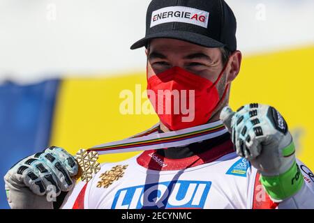 2/14/2021 - KRIECHMAYR Vincent AUT gold medal in Cortina d'Ampezzo men's downhill during 2021 FIS Alpine World SKI Championships - Downhill - Men, alpine ski race in Cortina (BL), Italy, February 14 2021 (Photo by IPA/Sipa USA) Stock Photo