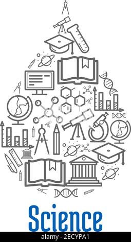Science icons in drop shape. Vector thin line symbols of scientific objects atom, formula, microscope, telescope, dna, chart graph, book, molecule and Stock Vector