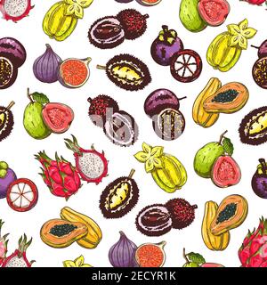 Exotic and tropical fruits pattern. Vector pattern of fresh and juicy ripe fruit icons dragon fruit, mangosteen, papaya, carambola, figs, guava, duria Stock Vector