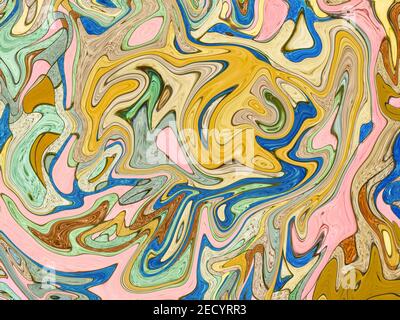 Yellow orange marbled background. Bright digital marbling backdrop. Holographic abstract pattern. Colorful mesh template. Natural marbling texture for Stock Photo