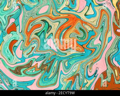 Green orange marbled background. Bright digital marbling backdrop. Holographic abstract pattern. Colorful mesh template. Natural marbling texture for Stock Photo