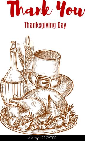 Thank You Thanksgiving greeting card sketch. Traditional thanksgiving holiday celebration meal elements of roasted tasty turkey chicken, wine bottle, Stock Vector