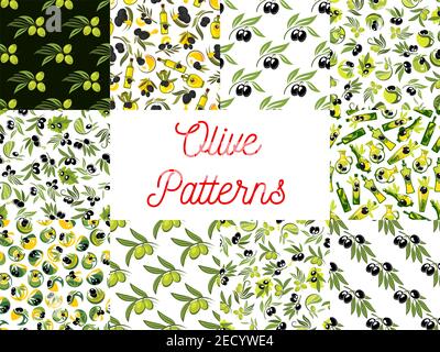 Olive fruits seamless patterns with set of vegetable background with olive tree branches, black and green fruits with drops of healthy olive oil Stock Vector