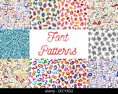 Letters and numbers seamless patterns set with arabian calligraphy characters and funny cartoon digits made up of soccer ball, birthday cake and origa Stock Vector