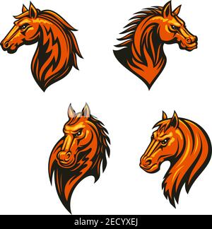 Tribal horse head with flaming mane icon set. Wild horse and mustang with tribal fire flame ornament. Sporting mascot, tattoo, equestrian theme design Stock Vector