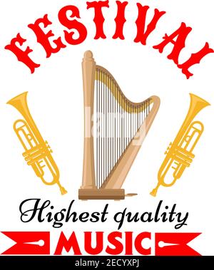 Music festival or musical instrument sign of cartoon harp with trumpets on both sides, adorned by forked red ribbon. Music and arts themes design Stock Vector