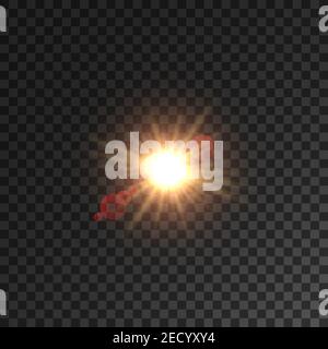 Light of sun with lens flare effect on transparent background. Star shining in sky with gleaming beams Stock Vector