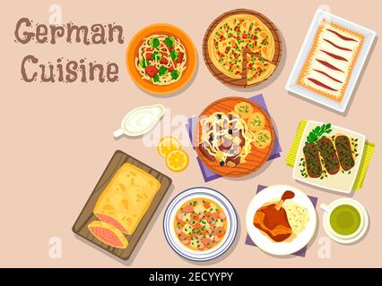 German cuisine lunch dishes icon with ham hock, pork roll, vegetable sausage stew, bacon pie, salmon in flaky dough, pork ribs sauerkraut stew, sherry Stock Vector