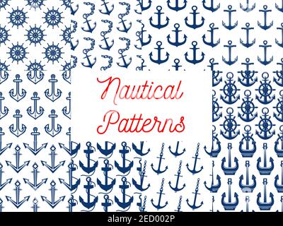Nautical patterns set with anchor vector icons. Vector seamless pattern of navy blue ship vessel anchor on chain and steering wheel element Stock Vector