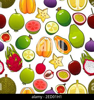 Exotic and tropical fruits. Vector seamless pattern of bright, fresh, juicy, whole and cut papaya, mango, carambola, feijoa, passion fruit maracuja an Stock Vector