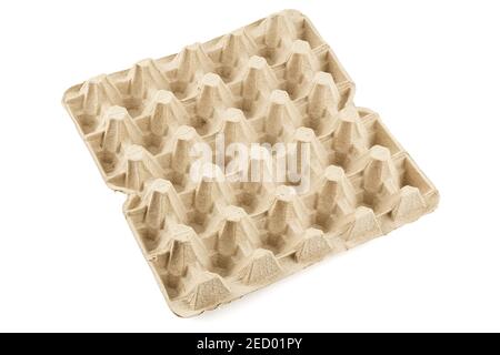 empty formed cardboard egg tray - closeup with edge-to-edge sharpness, isolated on white background in diagonal orientation Stock Photo