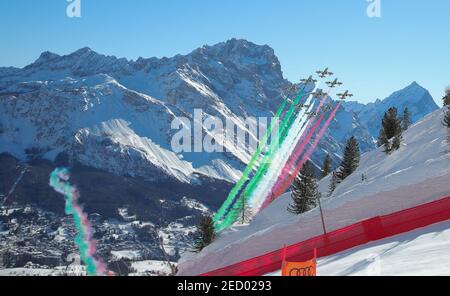 Frecce Tricolore during 2021 FIS Alpine World SKI Championships - Downhill - Men, alpine ski race in Cortina (BL), Italy, February 14 2021 Stock Photo