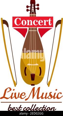 Violin with bows. Concert live music emblem with vector icon of string musical instrument viol gadulka Stock Vector