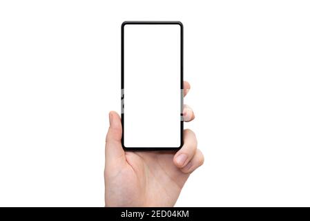 Device mockup, mobile isolated on white. Modern smartphone in hands Stock Photo