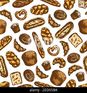 Bakery fresh baked bread. Vector seamless pattern of sketch bread and bakery products wheat and rye bread loafs, bagels, croissants, pretzel, sweet bu Stock Vector