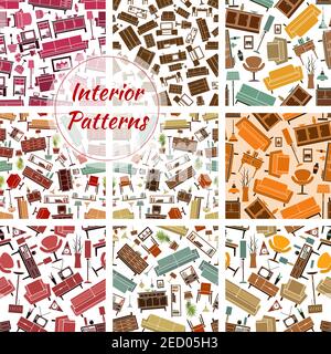 Home interior furniture and light fixture seamless patterns with set of chair, lamp, sofa, armchair, cabinet, desk, chest of drawers, shelf, couch, tv Stock Vector